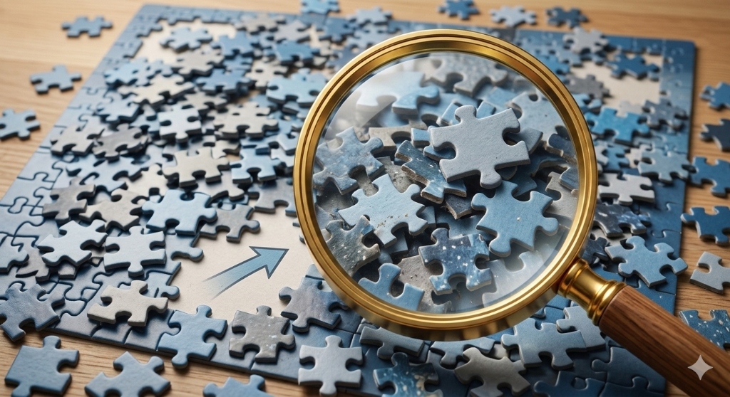 Icono Diagnóstico Sistémico — Lupa sobre piezas de puzzle