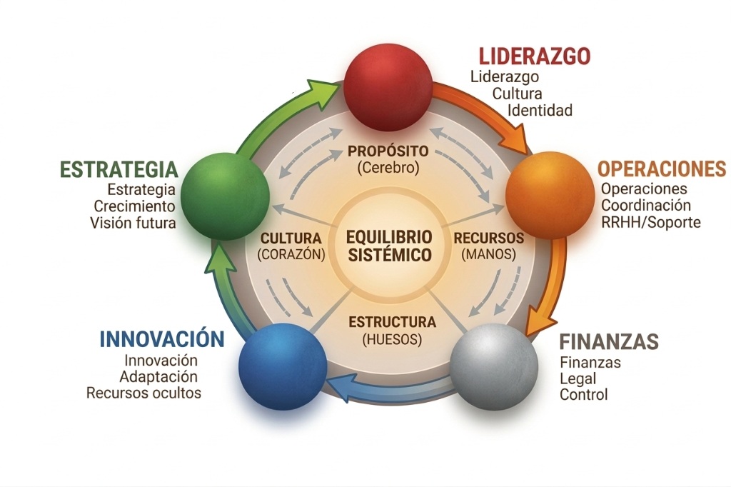 Diagrama El Equilibrio Sistémico — Propósito, Estrategia, Innovación, Finanzas, Operaciones